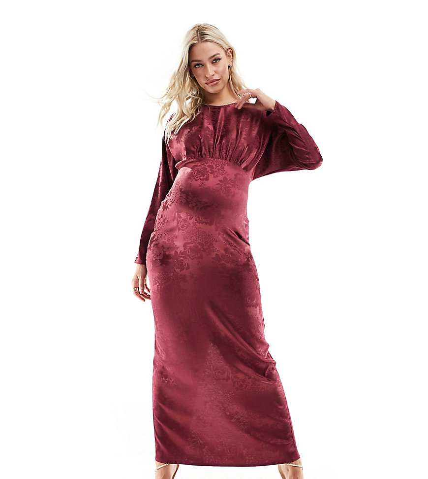 satin maxi dress with kimono sleeve in port-Red