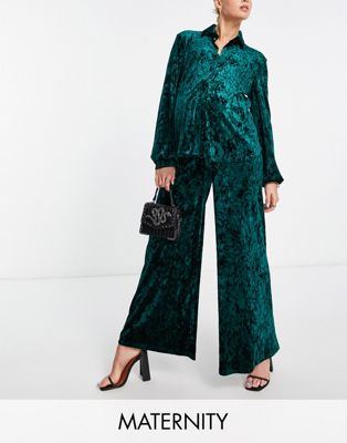 Flounce London Maternity satin wide leg trousers in emerald velvet co-ord-Green