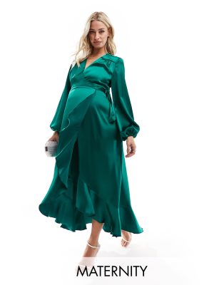 Flounce London Maternity Satin Wrap Dress In Emerald Green