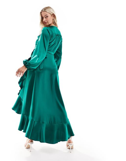 Flounce London Maternity satin wrap dress in emerald green | ASOS
