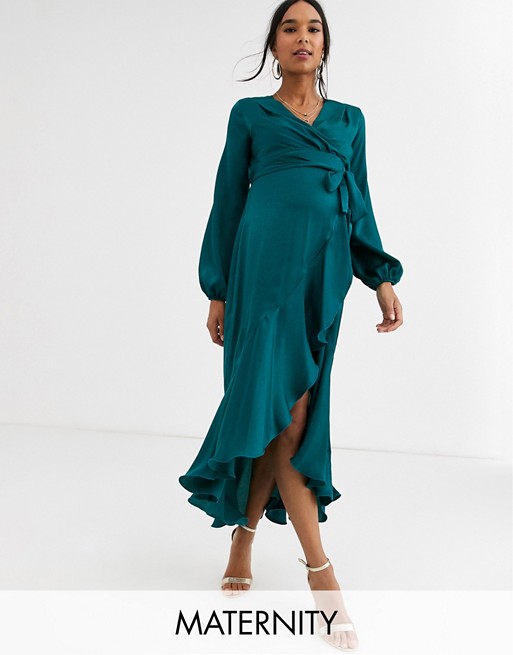 Flounce London Maternity satin wrap front midi dress in forest green