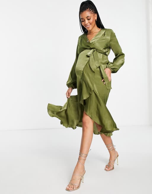 Flounce London Maternity satin wrap front midi dress in olive green