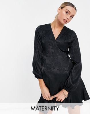 Flounce London Maternity satin wrap front mini dress with balloon sleeve in black floral jacquard