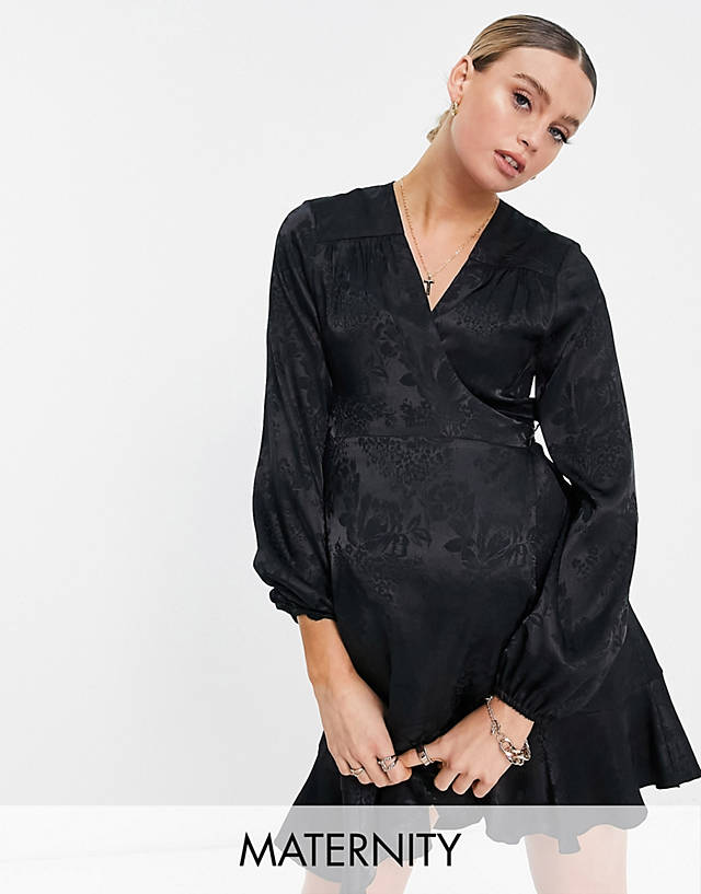 Flounce London Maternity - satin wrap front mini dress with balloon sleeve in black floral jacquard