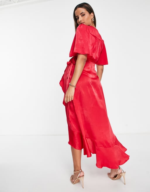 Flounce London Maternity - Slå-om-midikjole med flagrende ærmer i rød satin, 2 af 4