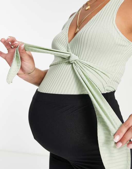 Flounce London Maternity sleeveless ballet wrap ribbed body in pastel green, 3 of 4