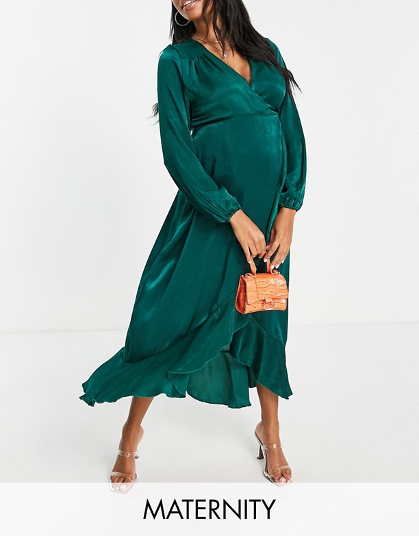 Flounce London Maternity – Szmaragdowozielona kopertowa sukienka maxi z długim rękawem Szmaragdowy Duża Obniżka 