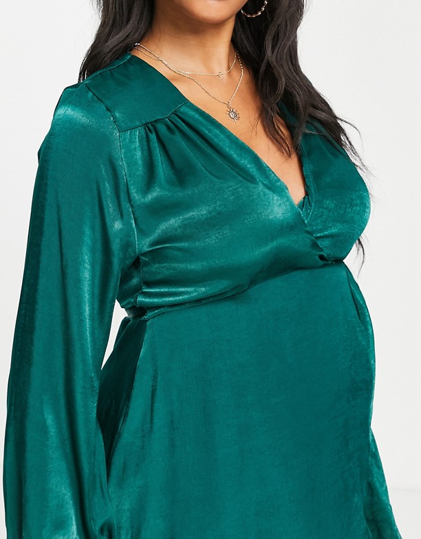 Flounce London Maternity – Szmaragdowozielona kopertowa sukienka maxi z długim rękawem Szmaragdowy Duża Obniżka 