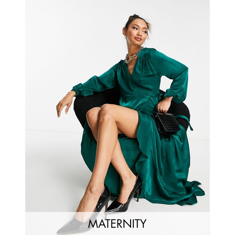 Vestiti RHxvy Flounce London Maternity - Vestito lungo avvolgente a maniche lunghe in raso verde smeraldo