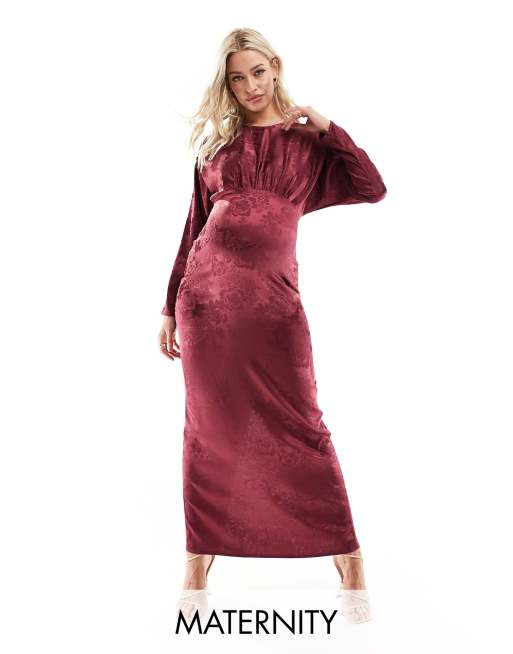 Flounce London Maternity - Vestito lungo in raso color porto con maniche stile kimono