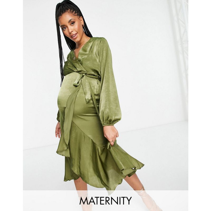 Donna Vestiti Flounce London Maternity - Vestito midi a portafoglio in raso verde oliva