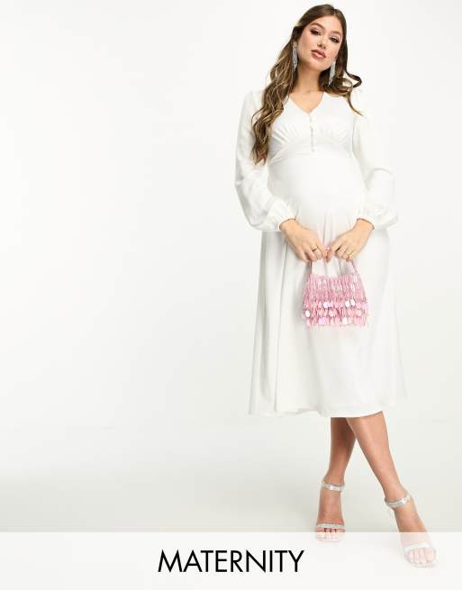 Flounce London Maternity - Vestito midi bianco con bottoni