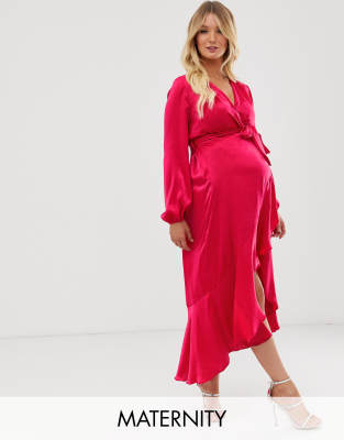 Flounce London Maternity wrap front midi dress in hot pink | ASOS