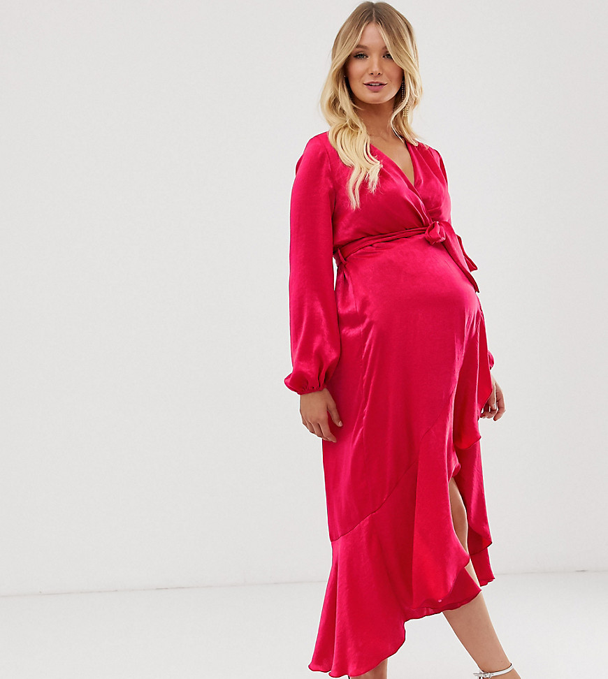 Flounce London Maternity wrap front midi dress in hot pink