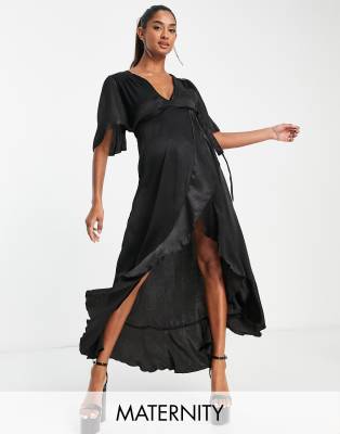 wrap front midi dress with flutter sleeves in black satin