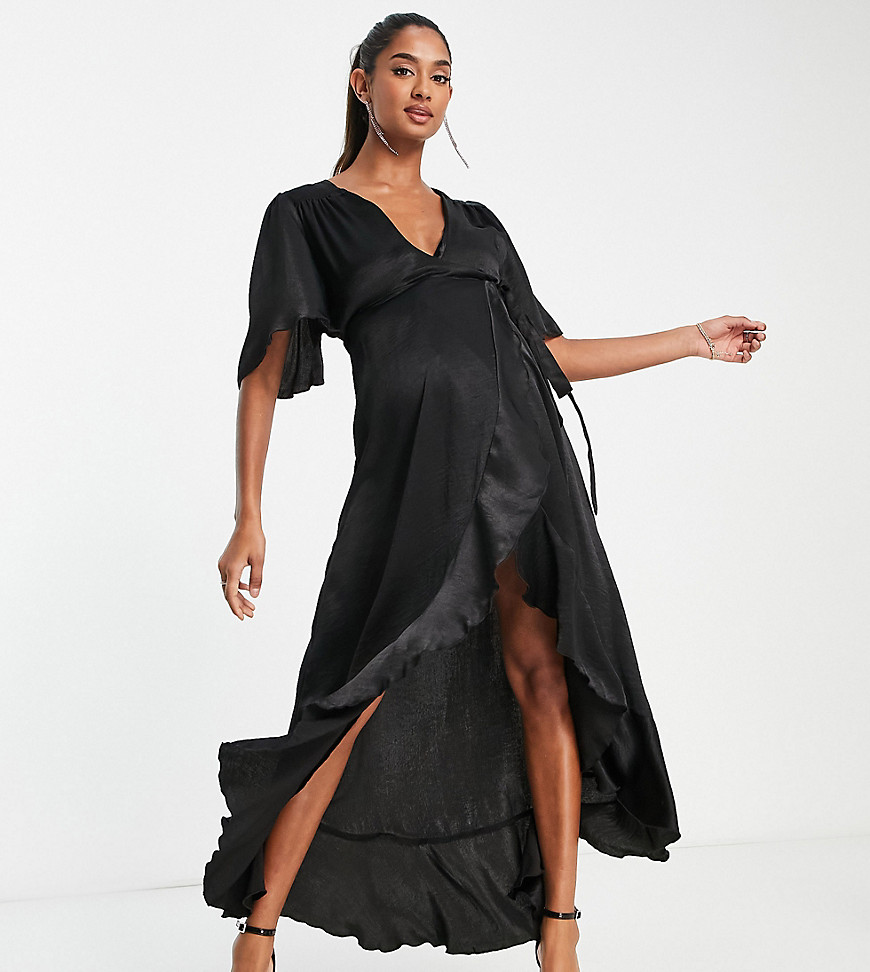 wrap front midi dress with flutter sleeves in black satin