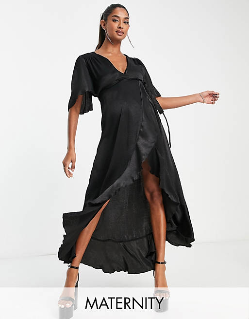 Flounce London Maternity wrap front midi dress with flutter sleeves in black satin