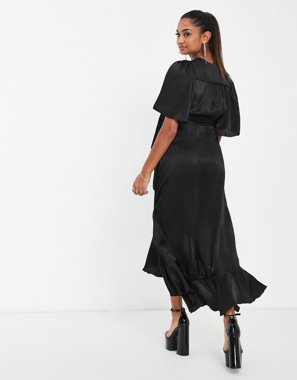 Flounce London Maternity wrap front satin midi dress with flutter