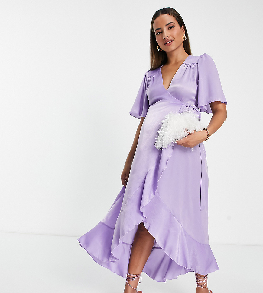 Flounce London Maternity Wrap Front Midi Dress With Flutter Sleeves In Lilac Satin-purple