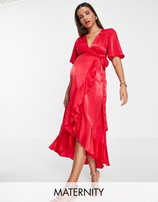 Flounce London Maternity wrap front midi dress with flutter sleeves in red satin
