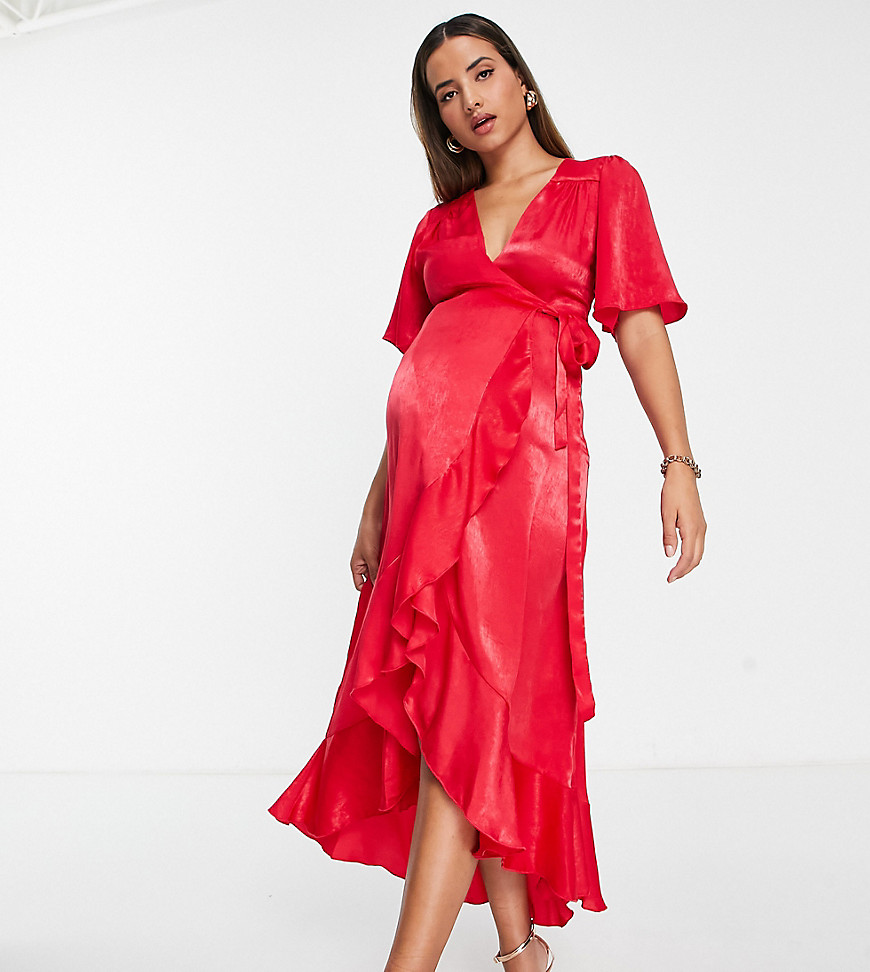 wrap front midi dress with flutter sleeves in red satin
