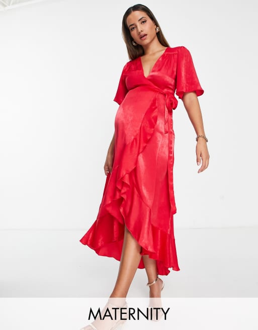 Flounce London Maternity wrap front midi dress with flutter sleeves in red  satin