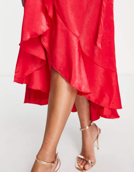 Flounce London Maternity wrap front midi dress with flutter sleeves in red satin, 3 of 4