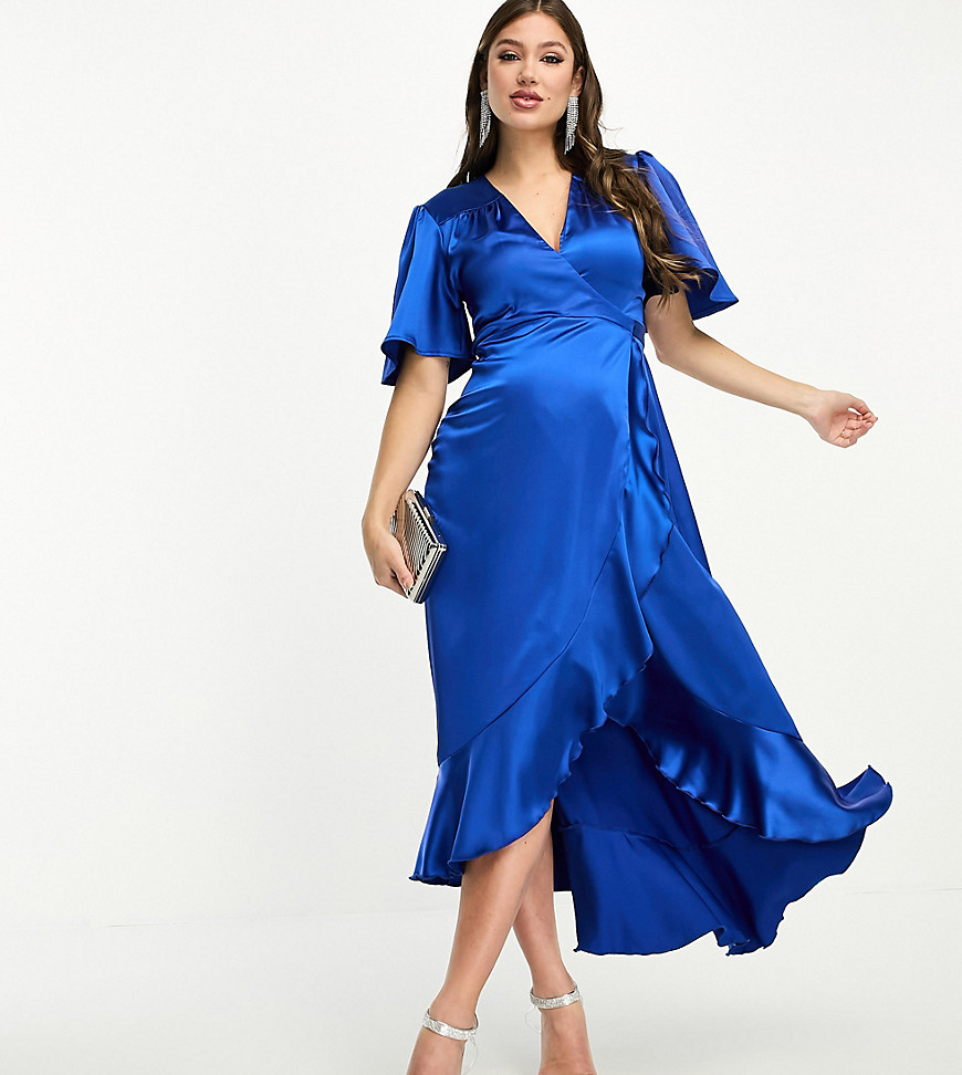wrap front satin midi dress with flutter sleeves in cobalt-Blue