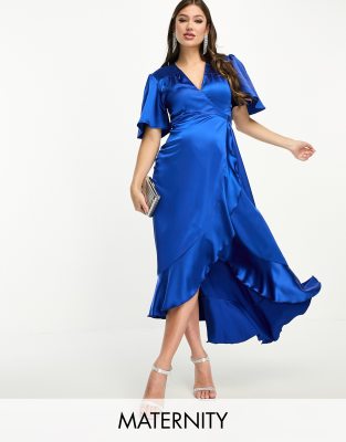 Flounce London Maternity wrap front satin midi dress with flutter