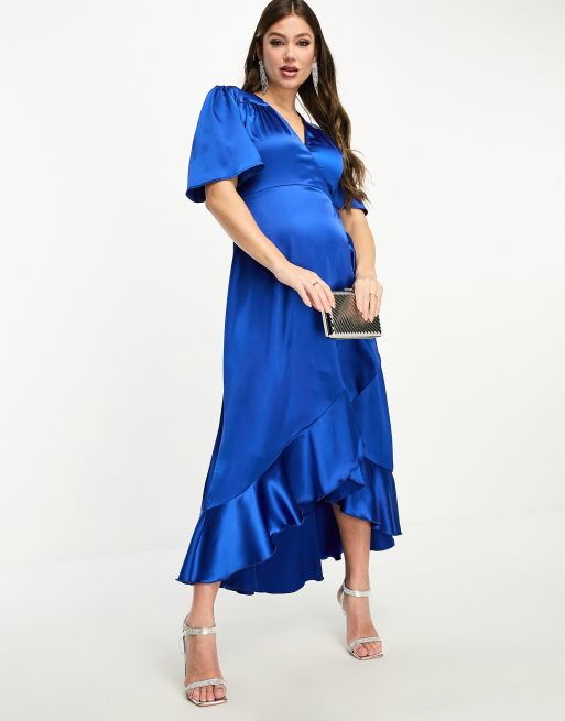 Flounce London Maternity wrap front satin midi dress with flutter sleeves  in cobalt | ASOS