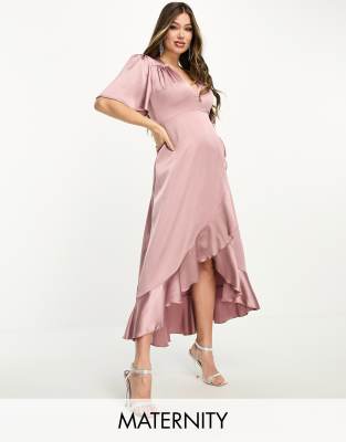 Flounce London Maternity Wrap Front Satin Midi Dress With Flutter Sleeves In Heather Rose-pink