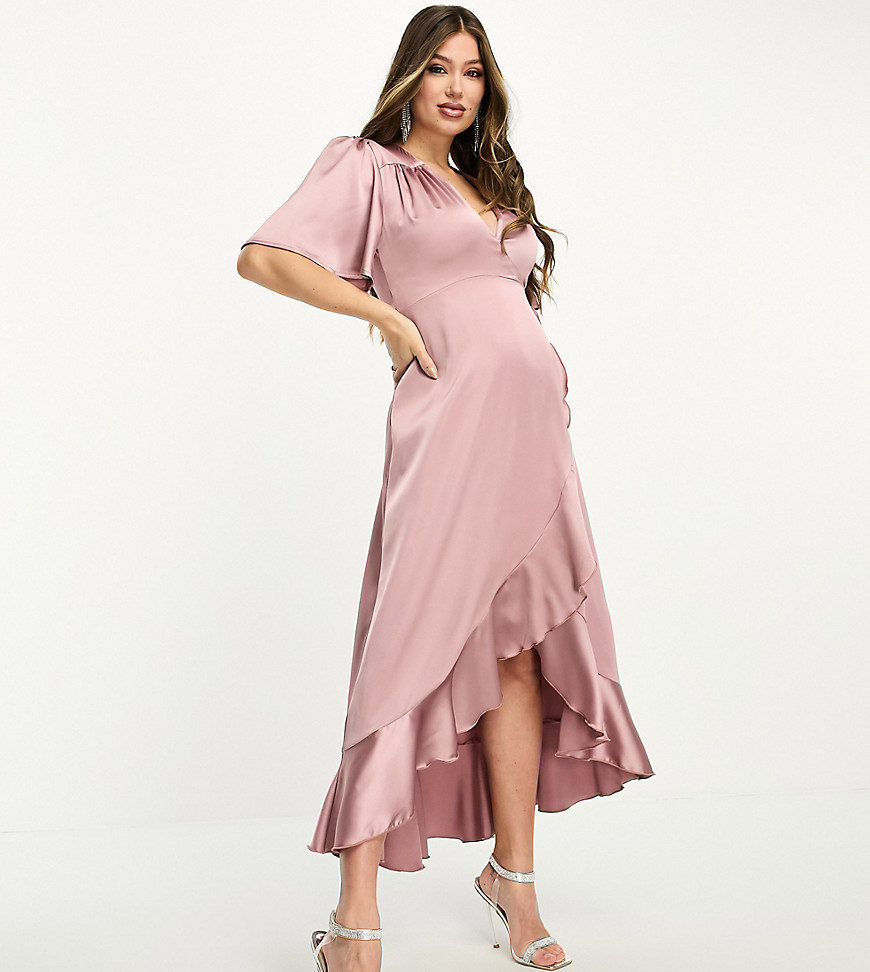 wrap front satin midi dress with flutter sleeves in heather rose-Pink