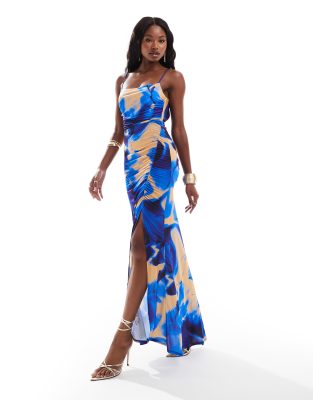 Flounce London Maxi Dress In Blue Blurred Floral-multi