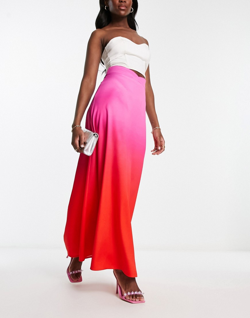 Flounce London maxi skirt in ombre pink and red-Multi