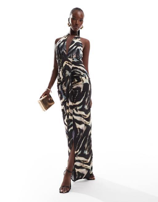Flounce London - Maxikjole med halterneck i zebraprint