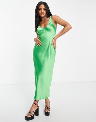 Flounce London Midi Cami Dress In Bold Green Satin