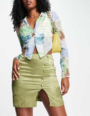 Flounce London satin button up satin mini skirt in khaki jacquard co-ord  - ASOS Price Checker