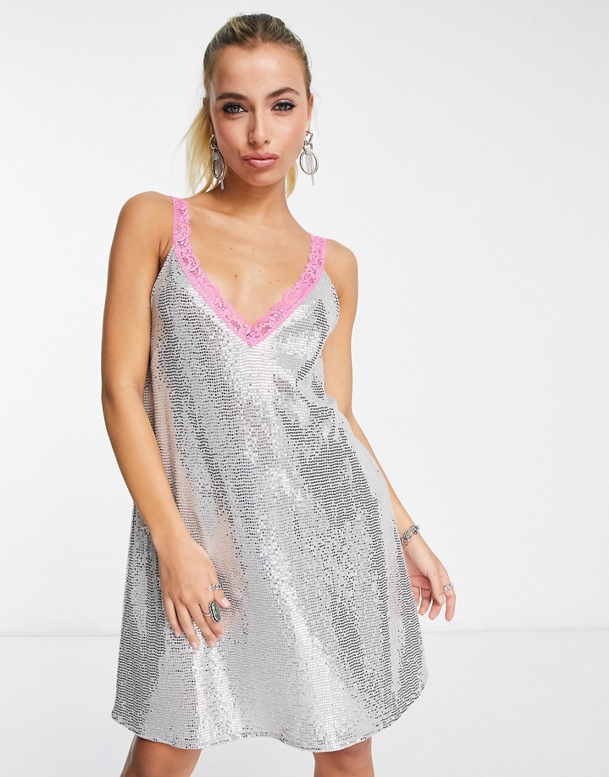 Flounce London mini metallic sparkle cami dress with contrasting lace trim-Silver