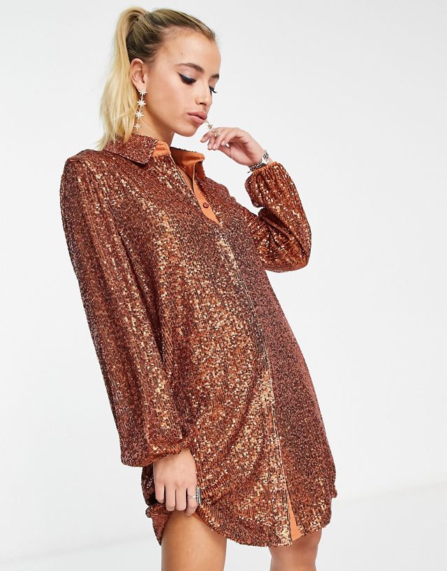 Flounce London mini metallic sparkle shirt dress in rust
