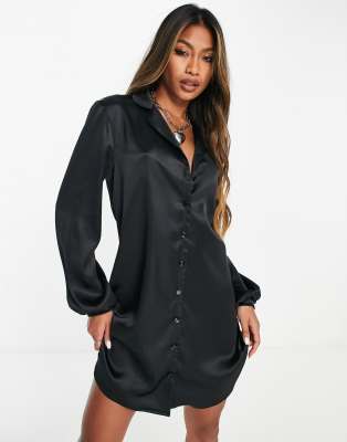 Flounce London Mini Satin Shirt Dress In Black