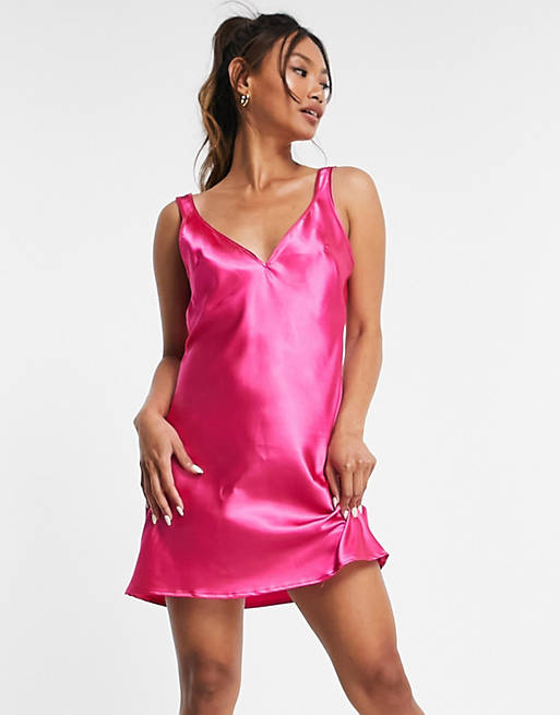 Flounce London mini satin slip dress in hot pink