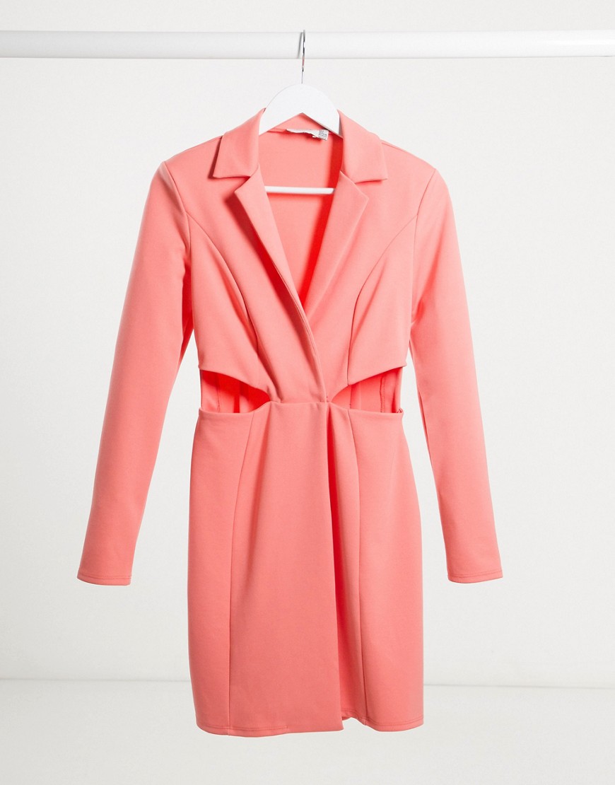 Flounce London mini tux wrap dress with cut outs in coral-Pink