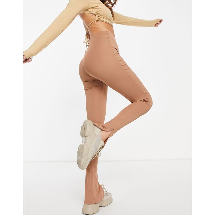 Flounce London Petite narrow ribbed leggings with side slit in taupe -  ShopStyle