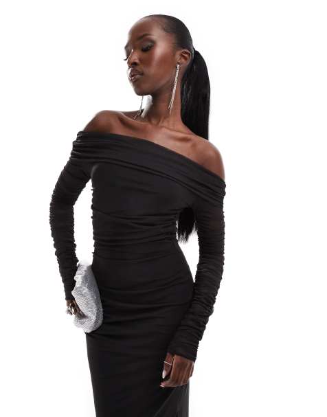 Flounce London off the shoulder ruched maxi dress in mesh and jersey mix in black - view 1