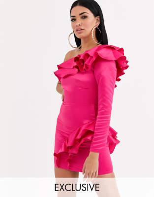 one shoulder pink ruffle dress