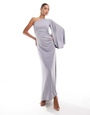 one shoulder jersey maxi dress with sleeve and fishtail skirt in gray