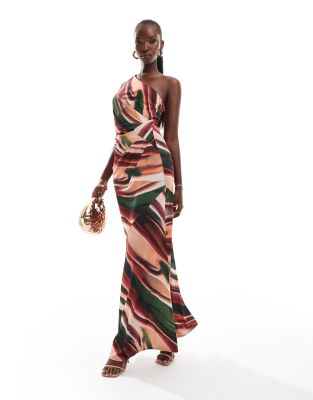 one shoulder maxi dress in multi abstract print