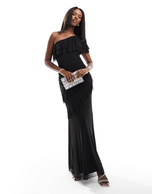 Flounce London sheer lace maxi dress with side split in black