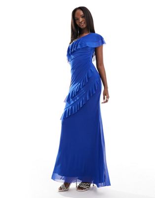 one shoulder mesh maxi dress in cobalt-Blue