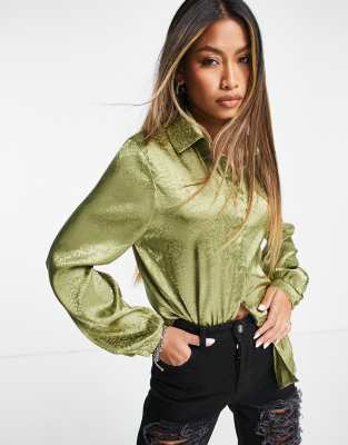 Flounce London satin oversized drop shoulder satin shirt in khaki jacquard co-ord